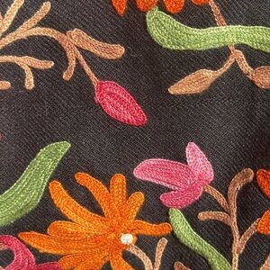 Pristine Cashmere Black Wool Scarf-Wrap with Embroidery